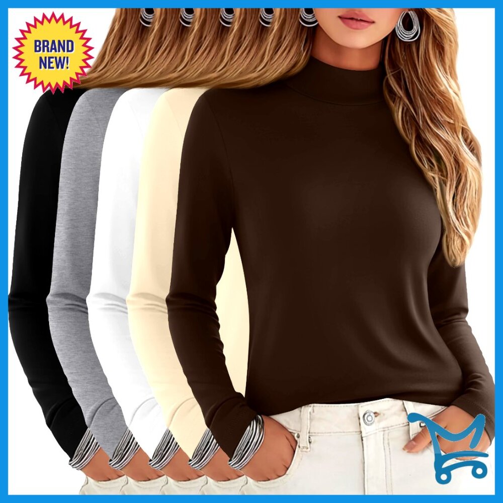 5 Pack Slim Fit Mock Turtleneck Long Sleeve Tees, Cotton Spandex Layering Tops